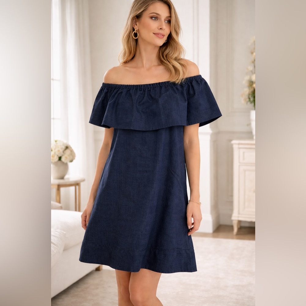 Navy Off Shoulder Ruffle Dress | Chambray A-Line Mini | NWOT, Small
